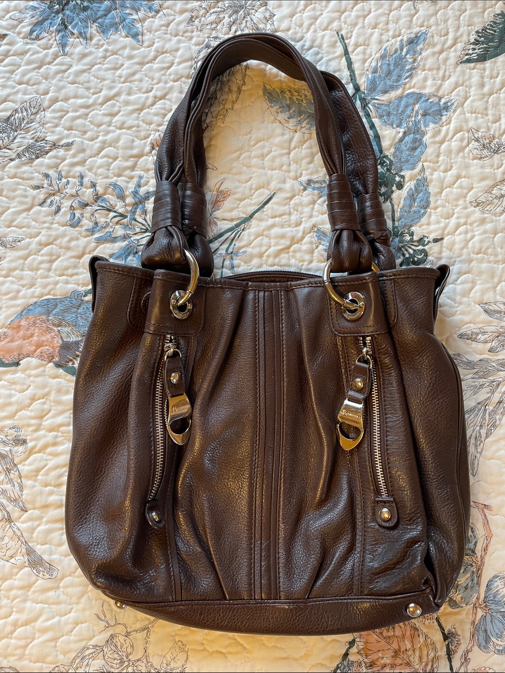 B Makowsky Dark Brown Leather Shoulder Bag with Double Handles